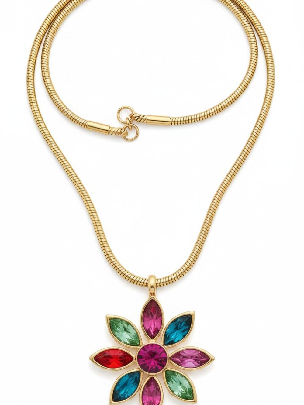 DESIGNER GRAZIANO MULTI COLOR RHINESTONE DAISY FLOWER GOLD CHAIN NECKLACE